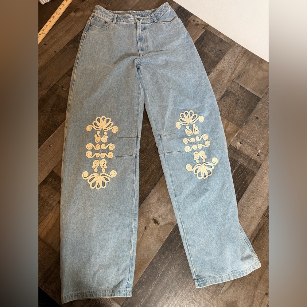 The Wolf Gang El Toro Denim Jeans Embroidered‎ Wide Leg NWT S Retail $341